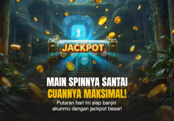 Ilustrasi peti harta karun bertuliskan “Jackpot” yang dikelilingi koin emas di dalam gua rahasia berwarna hijau.