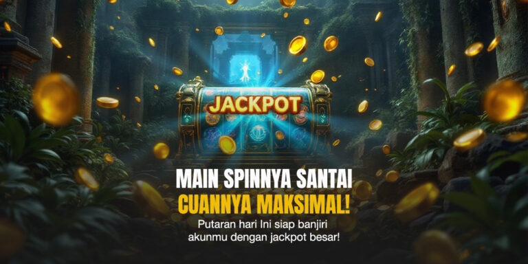 Ilustrasi peti harta karun bertuliskan “Jackpot” yang dikelilingi koin emas di dalam gua rahasia berwarna hijau.